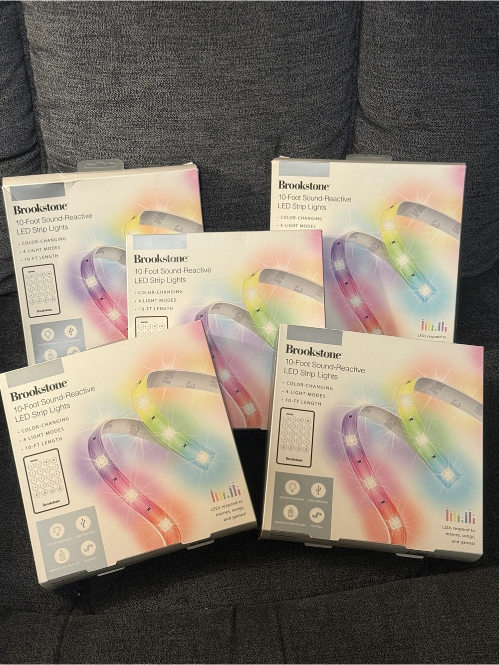 (Lot of 5) Brookstone 10-Foot Sound-Reactive LED Strip Lights - Multicolor (NIB)